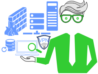 A man in glasses holds a laptop and a green computer. Non-intrusive IT services.