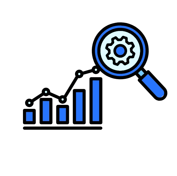 a graph with a magnifying glass for reporting and analytics