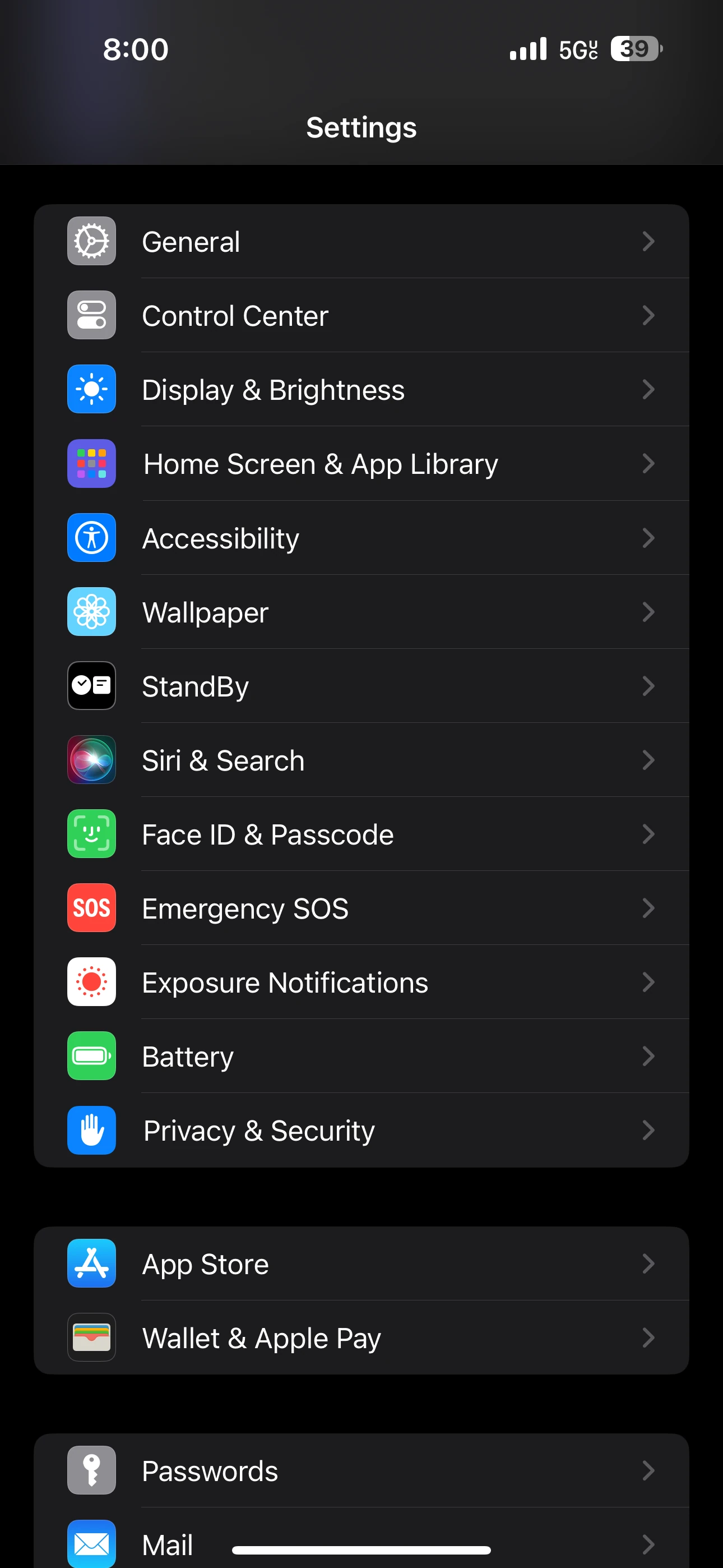 IOS settings screen