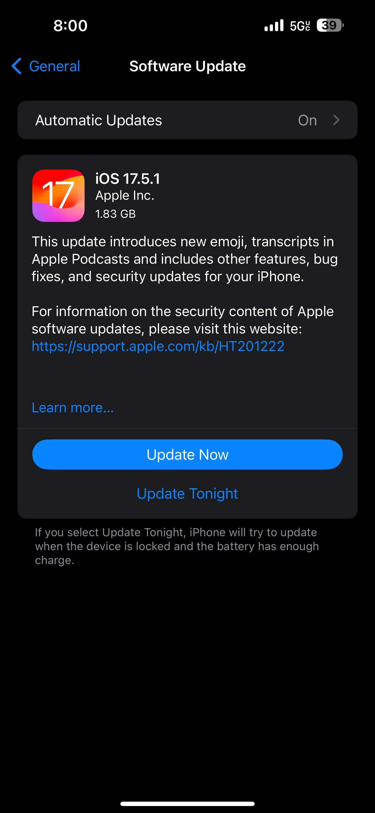 IOS software update screen, one update pending