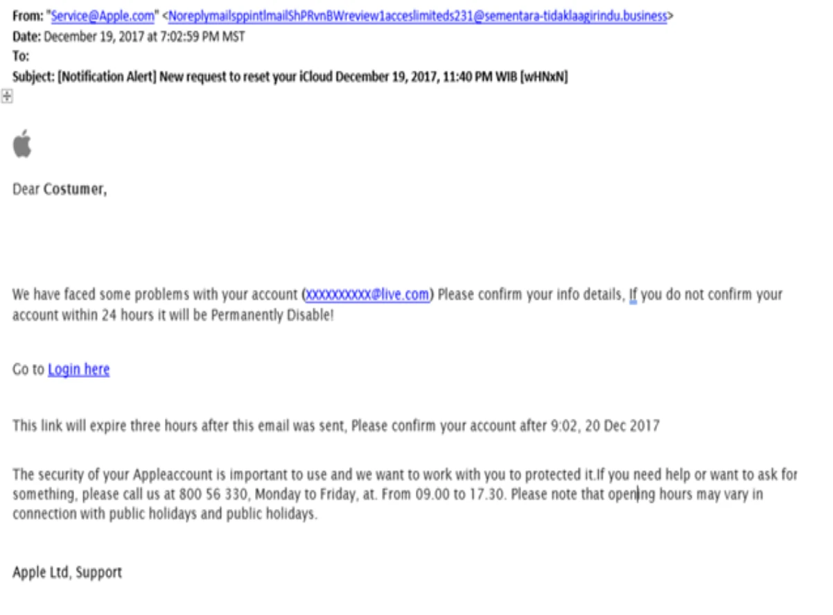 image of phishing email from Apple